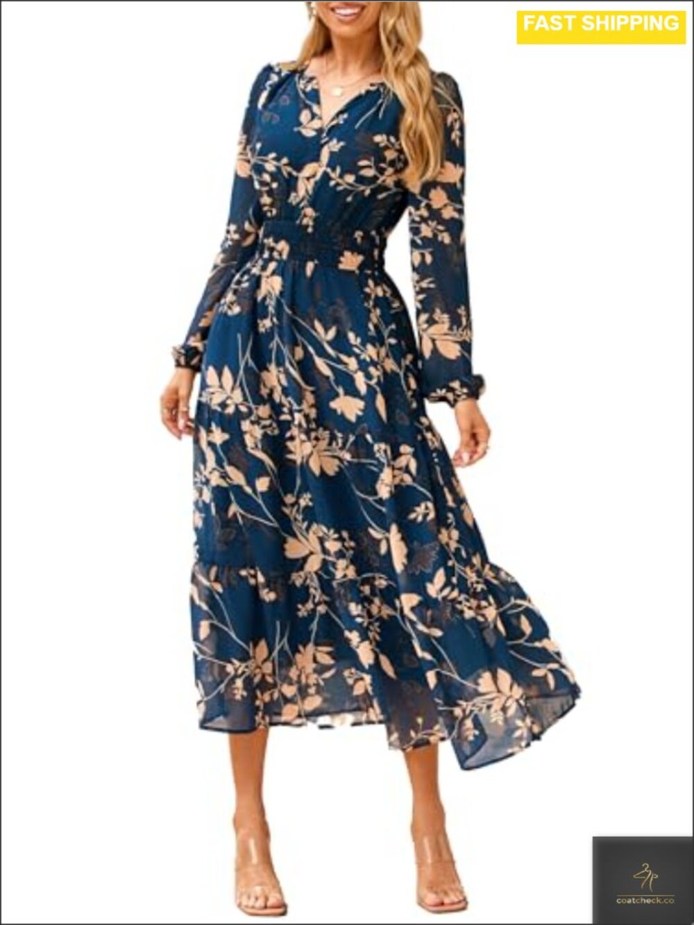 Boho Floral Long Sleeve Maxi Dress V Neck Smocked Empire Waist Wedding Guest